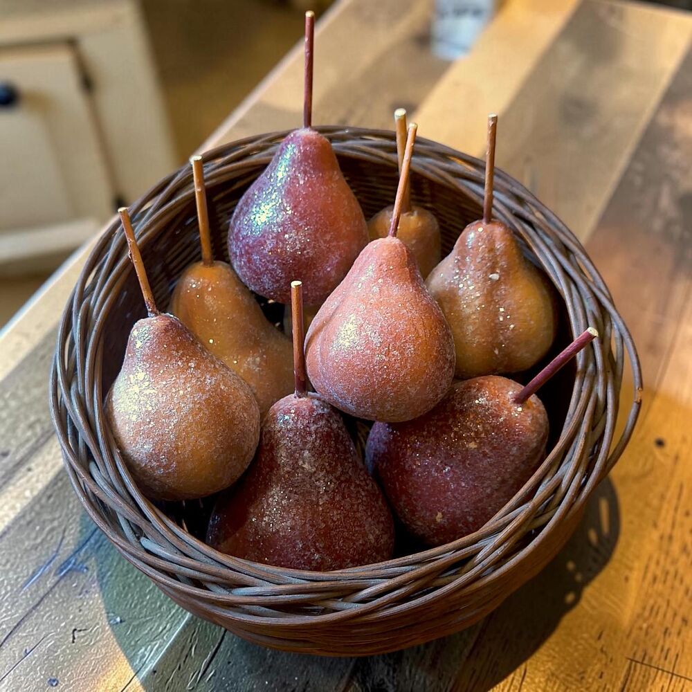 Frosted Sugared Faux Pears Lot in Woven Basket - Holiday Bowl Fillers Decor